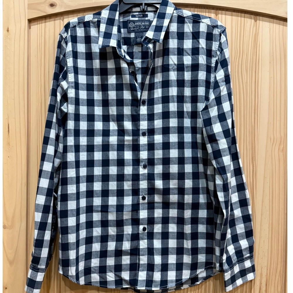 American Rag Mens Navy White Buffalo Check Plaid Long Sleeve Button Down Shirt M